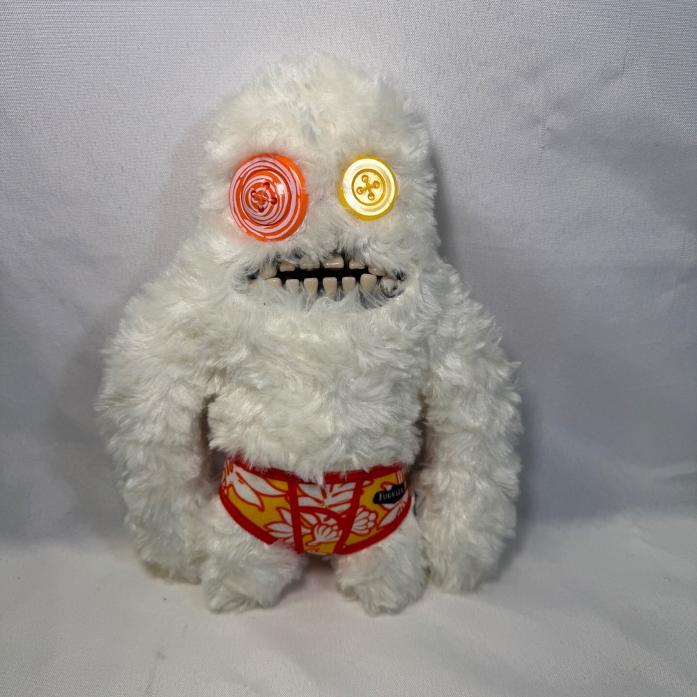 Fuggler Funny Ugly Monster Sasquatch White Shaggy Plush Button Eyes Teeth 9"